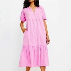 LOFT Pink Button-Front Tiered Midi Dress Medium